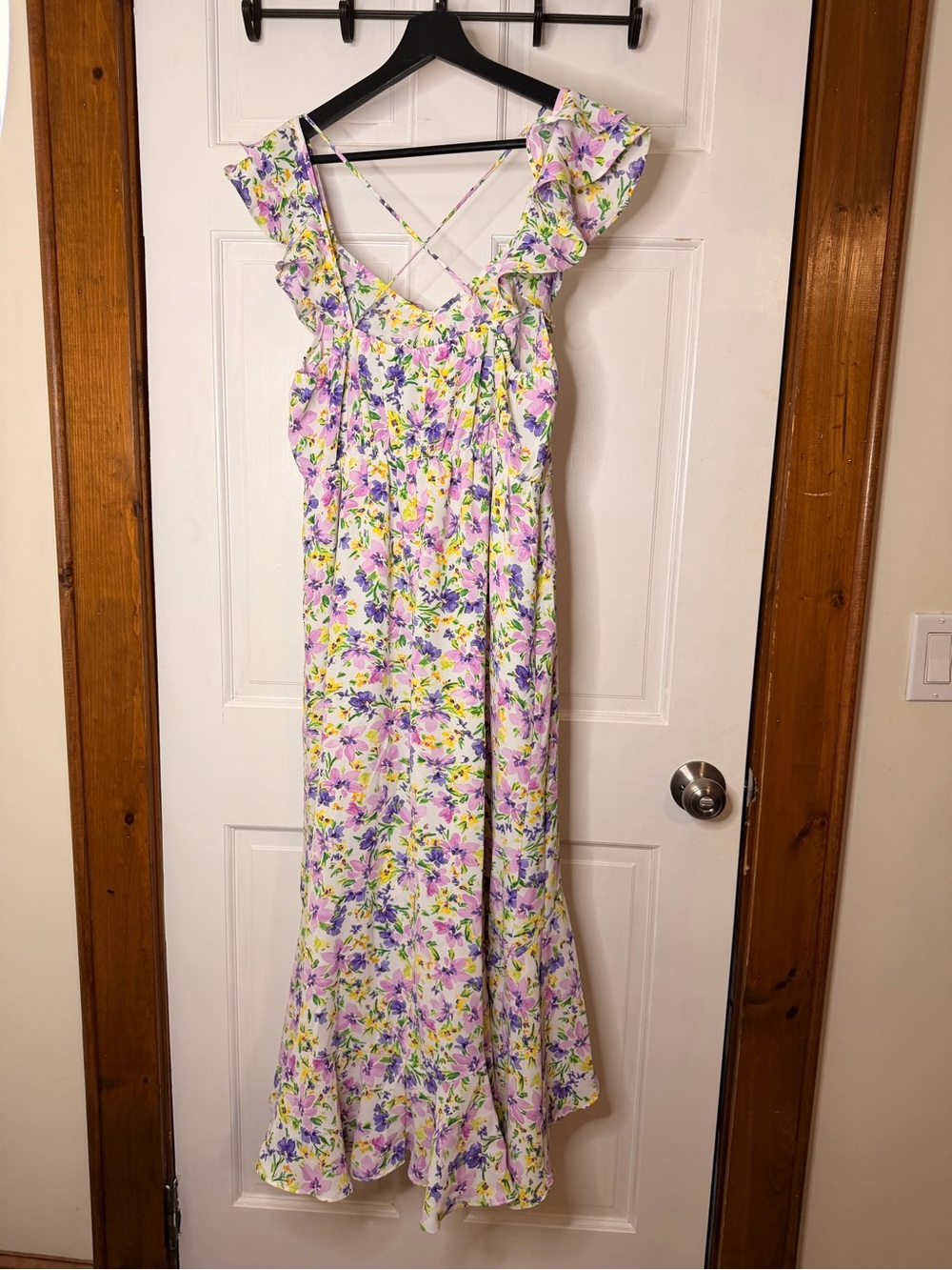 Emma & Michele Pastel Floral Ruffle Maxi Dress in Lavender, Yellow & Green